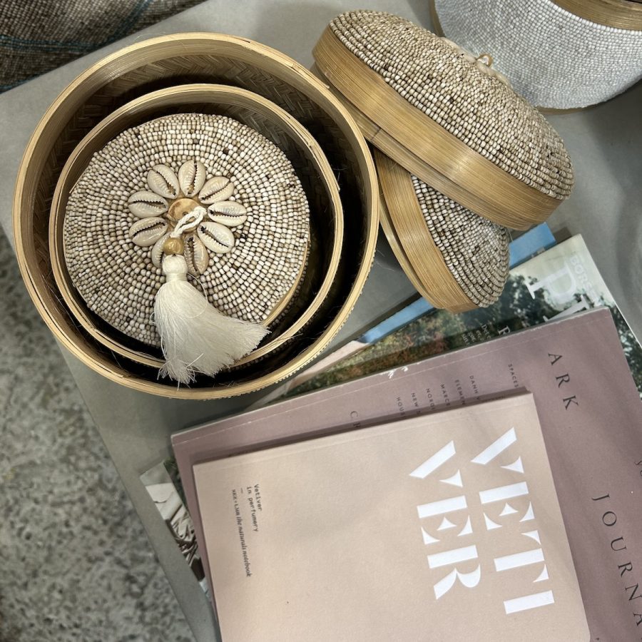 Bali perleæske høj rund - beige m/shells - sæt/3 str