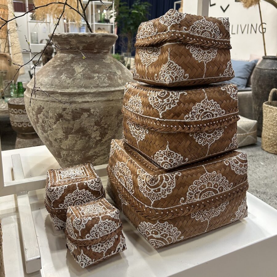 Bali kurveæsker - plain natur m/hvid deko - sæt/5