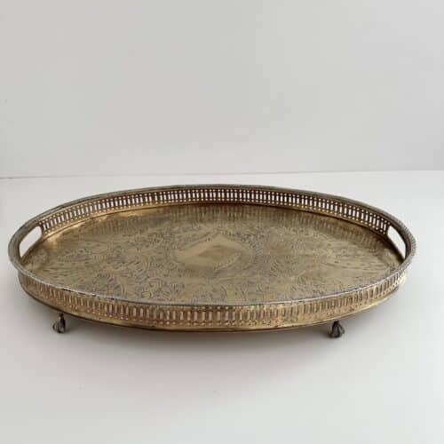 Vintage serveringsbakke oval m/fødder – messing