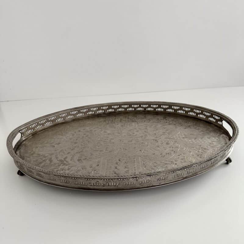 Vintage serveringsbakke oval m/fødder - nysølv