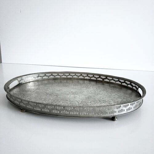 Vintage serveringsbakke oval m/fødder – nysølv
