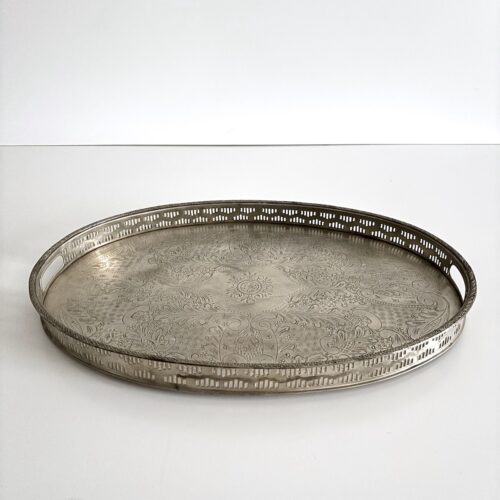 Vintage serveringsbakke oval - nysølv m/messing