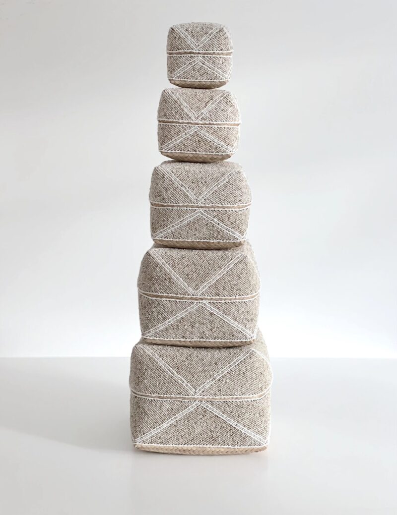 Bali perleæsker - beige m. hvide ruder - sæt/5 str