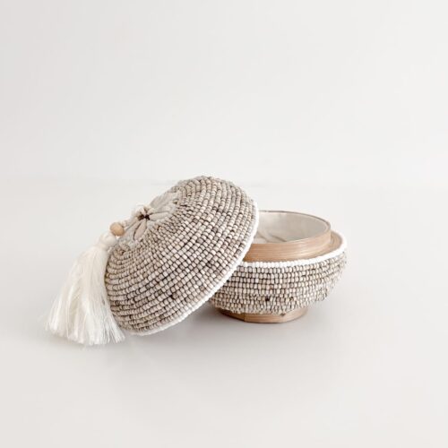 Bali perleæske rund mini - beige m. hvide striber - Shells